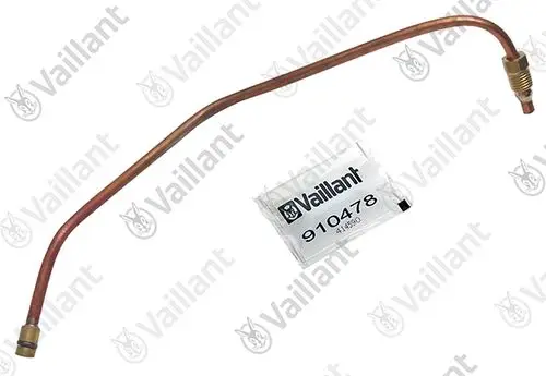 Kupferrohr von Vaillant mit zwei Anschlüssen, verpackt in durchsichtiger Folie. Das Produkt dient wahrscheinlich als Teil eines Heizsystem- oder Rohrleitungssystems.